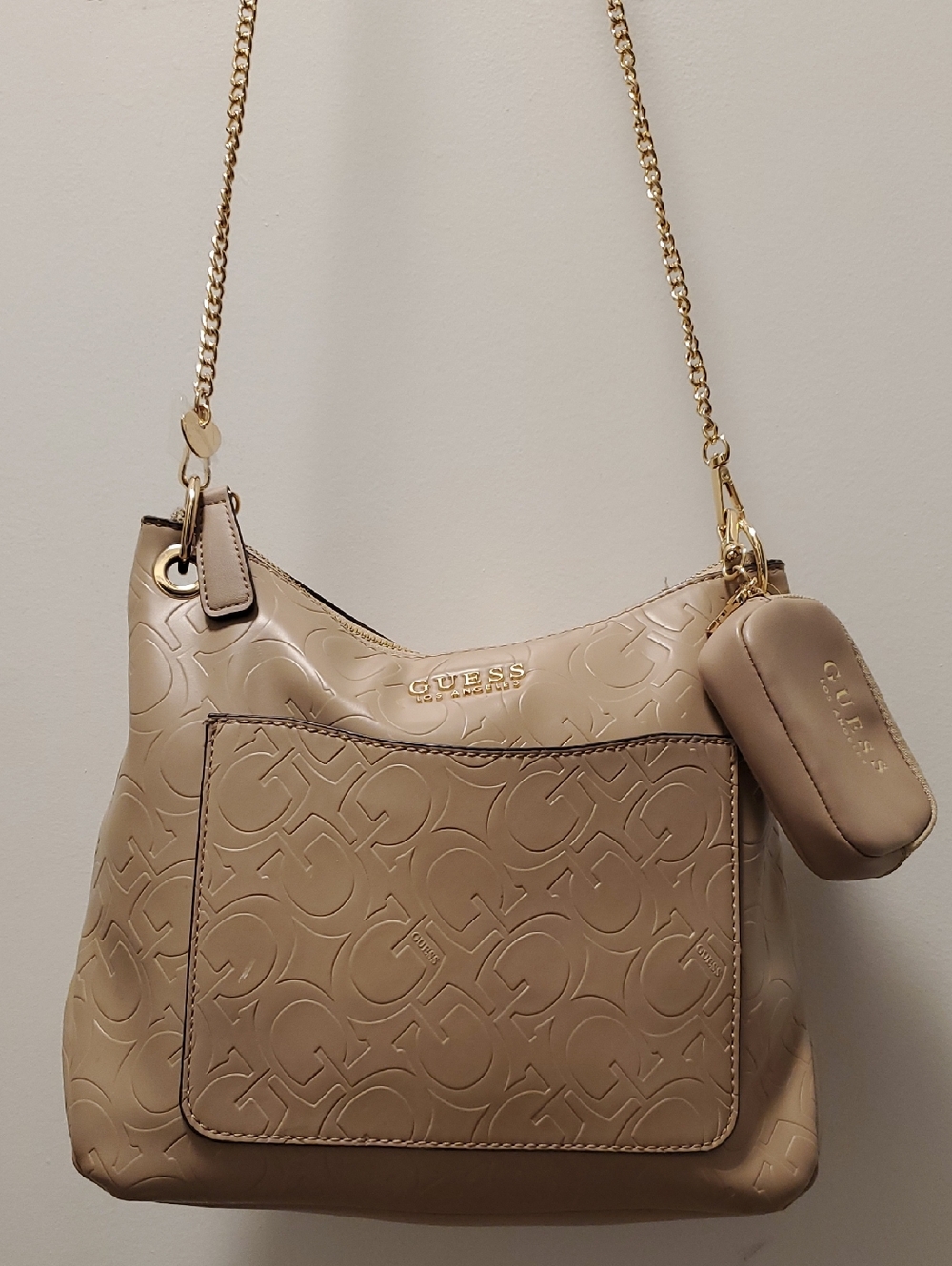 GUESS Taupe Embossed Logo Shoulder Bag with Gold Chain